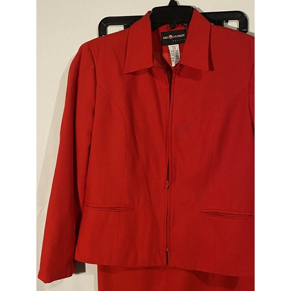 Sag Harbor Midi Skirt Suit Sz 8 Red Full Zip Jacket Lined Vintage - Picture 3 of 9